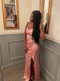 Elegant Sheath Spaghetti Straps Pink Satin Long Prom Dresses Party Dress Summer 22th Birthday Outfits 18th Birthday Dresses HZ1121