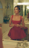 Simple A line Square Neck Burgundy Satin Mini Short Formal 8th Grade Homecoming Dresses Middle School Semi Formal Hoco Dress Cocktail Outfits HZ1121