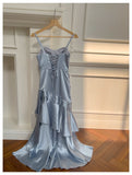 Simple Mermaid Spaghetti Straps Dusty Blue Satin Long Prom Dresses Party Dress 20th Birthday Outfits Graduation Dresses HZ1121