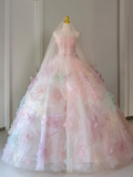 Pretty Ball Gown Strapless Pink Tulle Long Floral Quinceanera Dress Formal Gowns Sweet 17 Dresses Vestido De 15 Anos Sweet 16 Dress HZ1121
