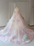 Pretty Ball Gown Strapless Pink Tulle Long Floral Quinceanera Dress Formal Gowns Sweet 17 Dresses Vestido De 15 Anos Sweet 16 Dress HZ1121