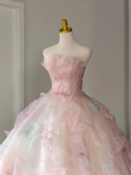 Pretty Ball Gown Strapless Pink Tulle Long Floral Quinceanera Dress Formal Gowns Sweet 17 Dresses Vestido De 15 Anos Sweet 16 Dress HZ1121