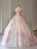 Pretty Ball Gown Strapless Pink Tulle Long Floral Quinceanera Dress Formal Gowns Sweet 17 Dresses Vestido De 15 Anos Sweet 16 Dress HZ1121
