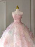 Pretty Ball Gown Strapless Pink Tulle Long Floral Quinceanera Dress Formal Gowns Sweet 17 Dresses Vestido De 15 Anos Sweet 16 Dress HZ1121