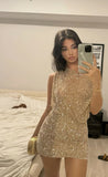 Aesthetic Sheath Scoop Champagne Sequin Formal Tight Homecoming Dress Middle School Short 18th Birthday Outfits Graduation Dress Hoco Dresses HZ1121