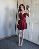 Pretty A line Spaghetti Straps Burgundy Lace Mini Short Formal 8th Grade Homecoming Dresses Summer Middle School Hoco Dress Homecoming Outfits HZ1121