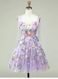 Cute A Line Spaghetti Straps Lilac Tulle Lace Formal Homecoming Dresses 18th Birthday Outfits Graduation Dress Short Mini Hoco Dresses HZ1121