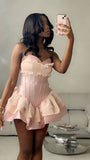 Cute Ball Gown Sweetheart Pink Satin Lace Short Formal 8th Grade Homecoming Dresses Middle School Cocktail Dress Hoco Outfits HZ1121