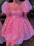 Princess Ball Gown Square Neck Tulle Pink Formal Homecoming Dresses 8th Grad Dance Graduation Dress Short Hoco Dresses HZ1121