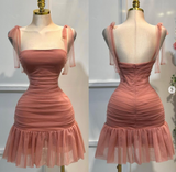 Cute Strap Sheath Short Party Dress Tulle Red Homecoming Dress HZ1121
