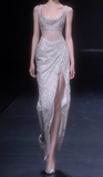 Light Champagne Glitter Tulle Sheath Evening Gowns Gorgeous Beaded Slit Formal Dresses Sparkly Sequin Sleeveless Long Prom Dresses HZ1121