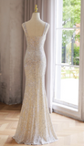 Sparkly Light Champagne V-neck Formal Dress Beaded Sequin Mermaid Evening Gown Modest Long Prom Dresses HZ1121