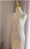 Sparkly Light Champagne V-neck Formal Dress Beaded Sequin Mermaid Evening Gown Modest Long Prom Dresses HZ1121