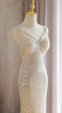 Sparkly Light Champagne V-neck Formal Dress Beaded Sequin Mermaid Evening Gown Modest Long Prom Dresses HZ1121