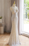 Sparkly Light Champagne V-neck Formal Dress Beaded Sequin Mermaid Evening Gown Modest Long Prom Dresses HZ1121
