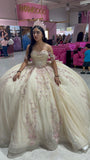 Gorgeous Light Champagne Off-the-shoulder Tulle Long Ball Gown Flower Beads Sweet 16th Birthday Dress Cute Quinceanera Dress HZ1121
