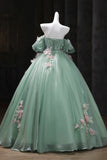 Gorgeous Green Off-the-Shoulder Tulle Long Ball Gown Sweet Flower 16th Birthday Dress Cute Quinceanera Dress HZ1121