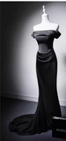 Modest Black Mermaid Evening Gowns Off-the-shoulder Satin Long Prom Dress Elegant 22nd Birthday Dress HZ1121