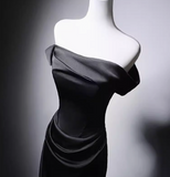Modest Black Mermaid Evening Gowns Off-the-shoulder Satin Long Prom Dress Elegant 22nd Birthday Dress HZ1121