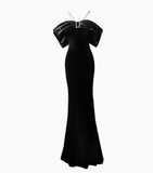 Elegant Black Mermaid Evening Gowns Off-the-shoulder Satin Long Prom Dress Modest Sleeveless Formal Dress HZ1121