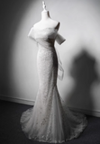 Elegant White Mermaid Evening Gowns Off-the-shoulder Tulle Long Prom Dress Modest Sleeveless Formal Dress HZ1121