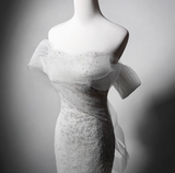 Elegant White Mermaid Evening Gowns Off-the-shoulder Tulle Long Prom Dress Modest Sleeveless Formal Dress HZ1121