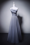Elegant Light Gray Blue Strapless Long Evening Gowns A-Line 18th Birthday Dress Tulle Graduation Prom Dresses HZ1121