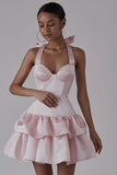 Pretty Ball Gown Halter Satin Light Pink Short Formal 8th Grade Homecoming Dresses Summer Middle School Hoco Dress 6th Grade Graduation Outfits HZ1121