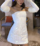 Cute A line Strapless White Sequin Short Formal 8th Grade Homecoming Dresses Summer Middle School Hoco Dress Homecoming Outfits HZ1121