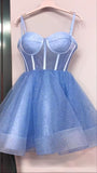 Vintage Ball Gown Spaghetti Straps Blue Sequin Formal 8th Grade Homecoming Dresses Middle School Hoco Dress 6th Grade Graduation Outfits HZ1121