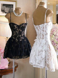 Trendy A Line Spaghetti Straps White Black Lace Mini Short Formal 8th Grade Homecoming Dresses Summer Middle School Hoco Dress Homecoming Outfits HZ1121