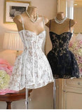 Trendy A Line Spaghetti Straps White Black Lace Mini Short Formal 8th Grade Homecoming Dresses Summer Middle School Hoco Dress Homecoming Outfits HZ1121