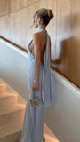 Elegant Mermaid High Neck Blue Satin Backless Long Prom Dresses Party Dress Summer 21st Birthday Outfits 18th Birthday Dresses HZ1121