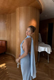 Elegant Mermaid High Neck Blue Satin Backless Long Prom Dresses Party Dress Summer 21st Birthday Outfits 18th Birthday Dresses HZ1121
