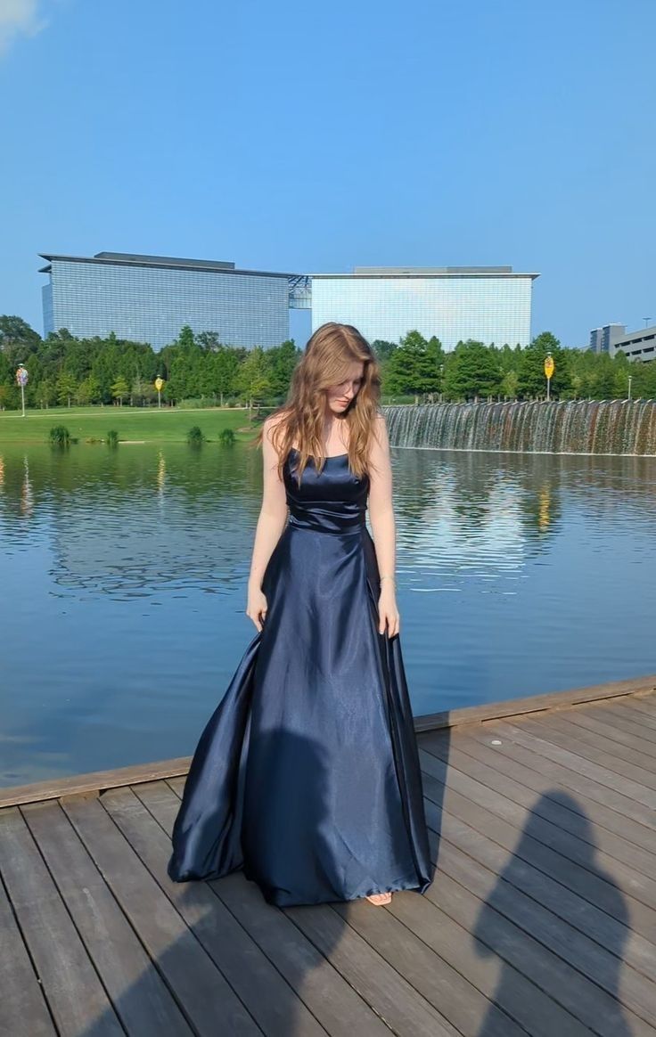 Elegant A Line Spaghetti Straps Navy Blue Satin Long Prom Dresses Part – jvkhg
