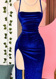 Elegant Sheath Spaghetti Straps Royal Blue Slit Prom Dresses Party Dress Summer 20th Birthday Outfits 18th Birthday Dresses HZ1121