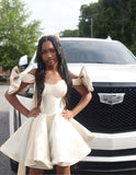 Pretty A line Off The Shoulder Satin Summer 16th Birthday Dress Hoco Dress Birthday Outfit 19th Birthday Mini Cocktail Dresses HZ1121