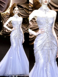 Modest Mermaid Strapless Lilac Tulle Long Prom Dresses Party Dress 20th Birthday Outfits Graduation Dresses HZ1121