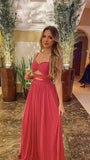 Elegant A Line Spaghetti Straps Hot Pink Chiffon Long Prom Dresses Party Dress Summer 20th Birthday Outfits 18th Birthday Dresses HZ1121