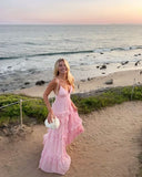 Elegant A Line Spaghetti Straps Pink Chiffon Long Prom Dresses Party Dress Summer 20th Birthday Outfits 18th Birthday Dresses HZ1121