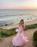 Elegant A Line Spaghetti Straps Pink Chiffon Long Prom Dresses Party Dress Summer 20th Birthday Outfits 18th Birthday Dresses HZ1121