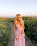 Elegant A Line Spaghetti Straps Pink Chiffon Long Prom Dresses Party Dress Summer 20th Birthday Outfits 18th Birthday Dresses HZ1121