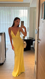 Elegant A Line Spaghetti Straps Satin Yellow Long Prom Dresses Party Dress Summer 20th Birthday Outfits 18th Birthday Dresses HZ1121
