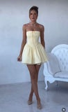 Cute A line Strapless Yellow Short Summer Birthday Dress Hoco Dress Birthday Outfit 18th Birthday Mini Party Dresses HZ1121