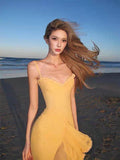 Sexy High Low Spaghetti Straps Yellow Long Birthday Dress Prom Dress Baddie Summer Birthday Outfit HZ1121