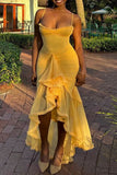 Sexy High Low Spaghetti Straps Yellow Long Birthday Dress Prom Dress Baddie Summer Birthday Outfit HZ1121