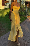Sexy High Low Spaghetti Straps Yellow Long Birthday Dress Prom Dress Baddie Summer Birthday Outfit HZ1121