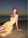 Sexy High Low Spaghetti Straps Yellow Long Birthday Dress Prom Dress Baddie Summer Birthday Outfit HZ1121