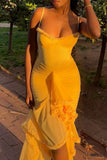 Sexy High Low Spaghetti Straps Yellow Long Birthday Dress Prom Dress Baddie Summer Birthday Outfit HZ1121