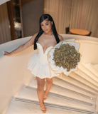 Sexy Sheath Strapless Short Ivory Satin Summer Birthday Dress Hoco Dress 19th Birthday Outfit Birthday Mini Graduation Dresses HZ1121